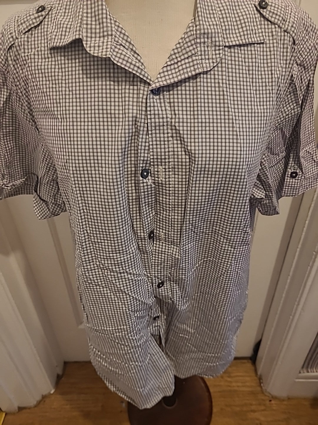 Mens Next Size Large Grey/Navy/White Check Short Sleeved Shirt
