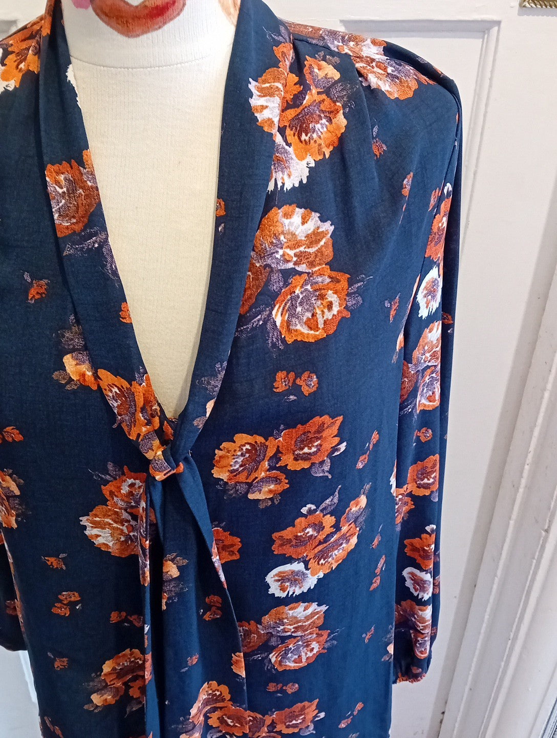 Ladies Tu Size 10 Navy And Orange Floral Long Sleeved Blouse