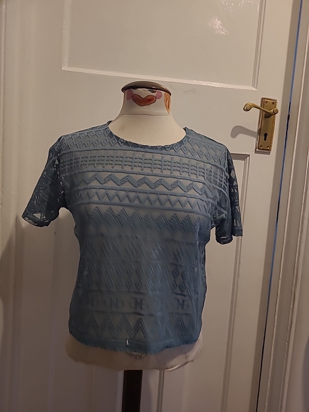 Ladies Size XS Teal See Through Short Sleeved Crop Top