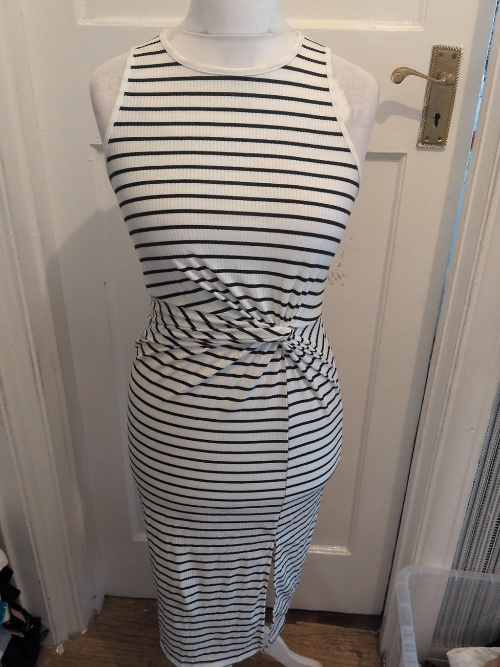Medium Black And White Striped Split Hem Sleeveless Dress