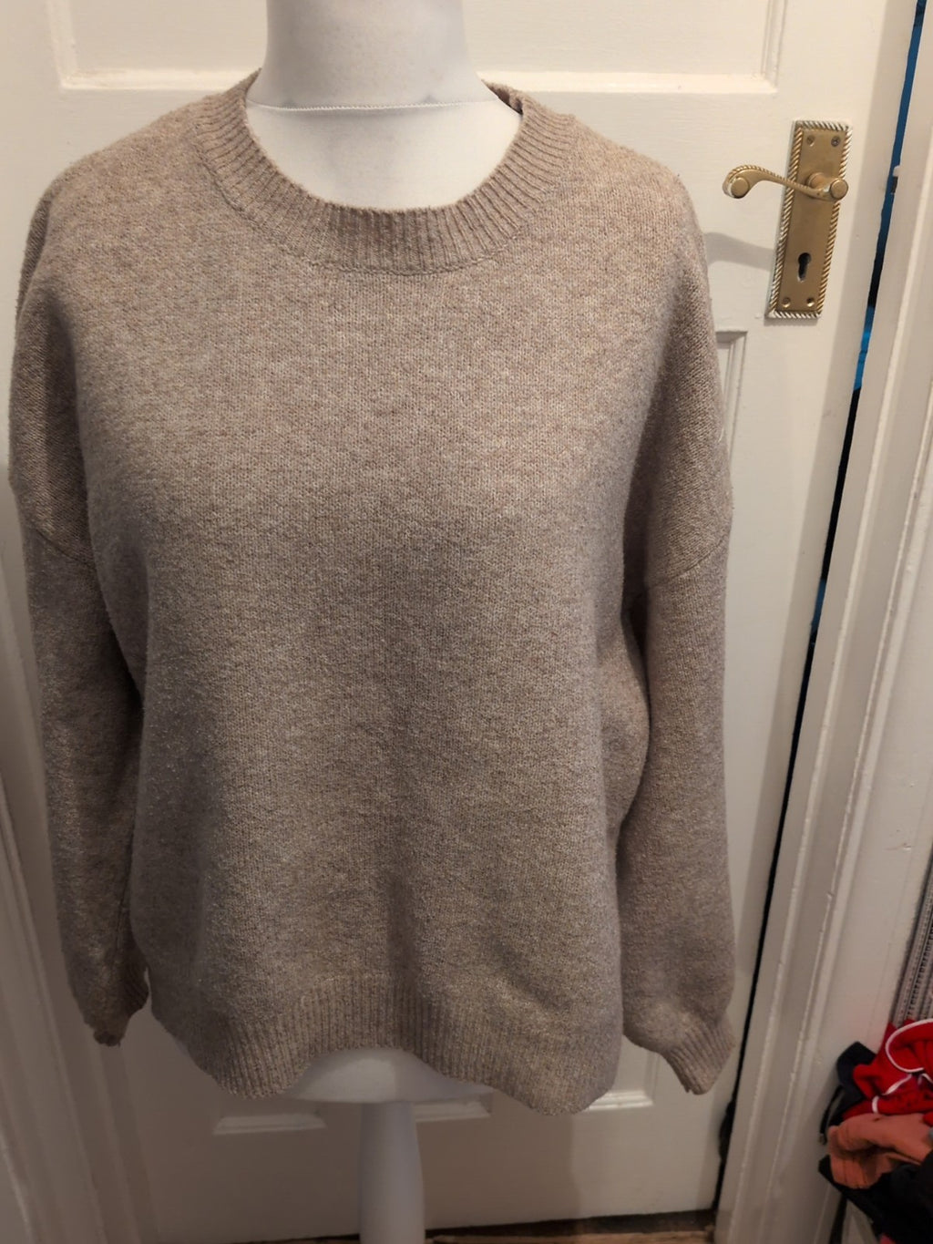 Large Beige Ribbed Hem And Cuff Pullover Jumper