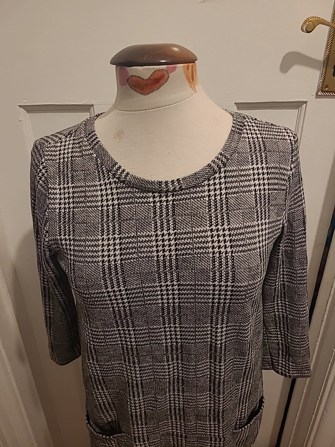Ladies Tu Size 8 Grey Mix Check Mid Sleeved Round Neck Dress