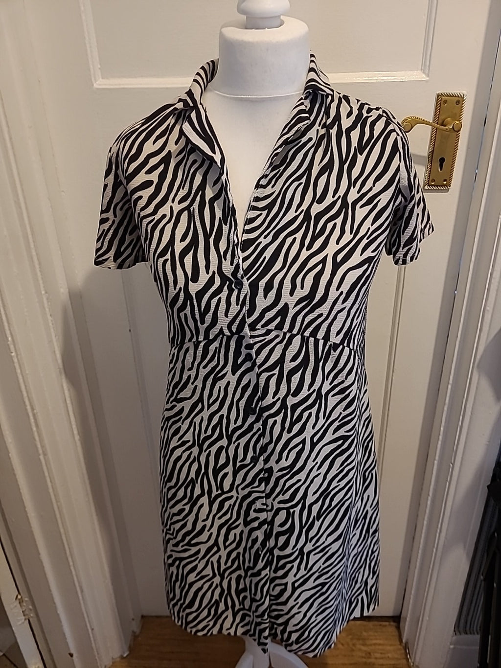 Ladies Boohoo Size 10 Zebra Print Short Sleeved Collared Buttoned Dress