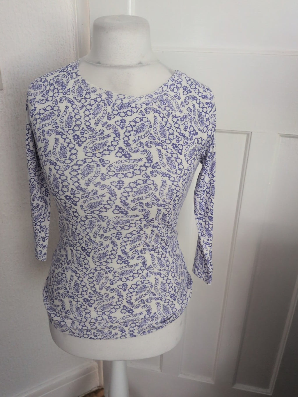 M&Co 10 Violet And White Pattern Long Sleeve Blouse(Mark On Front)