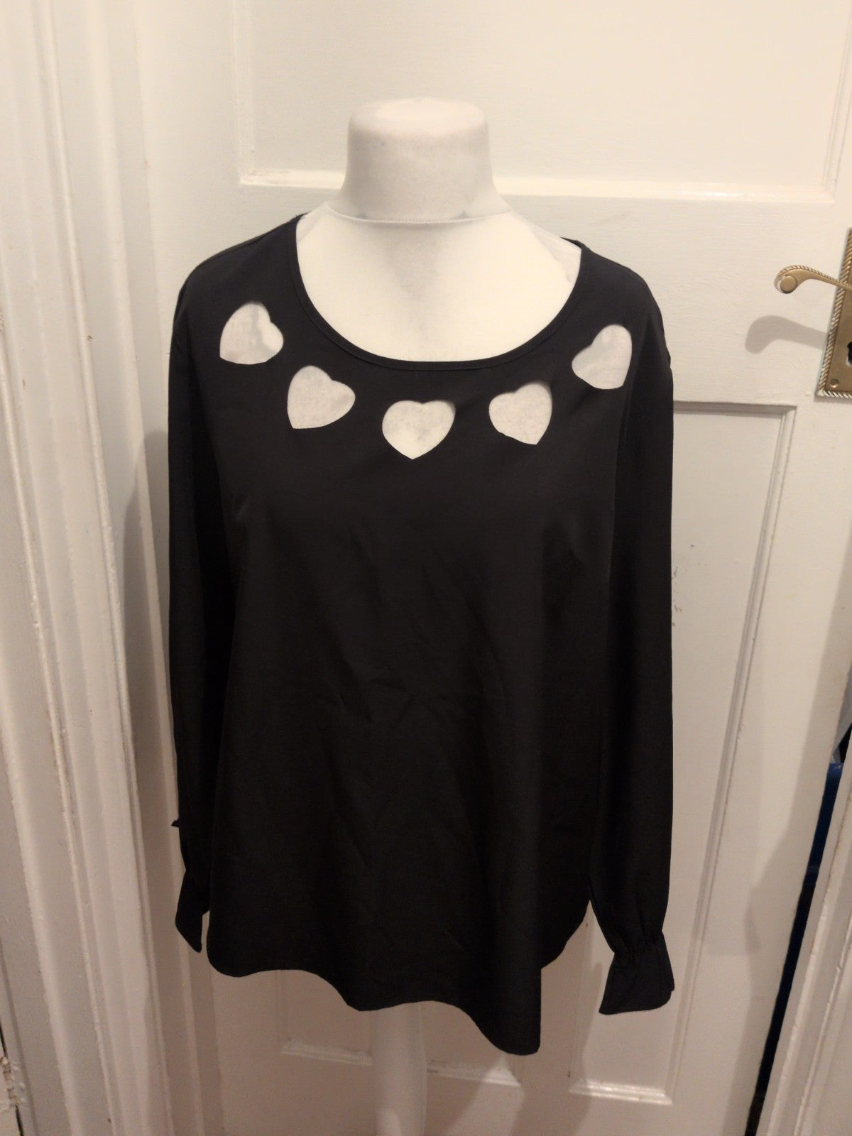 Shein Large Black Long Sleeve With Heart Neck Pattern Blouse