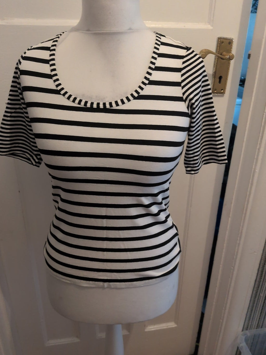 Madeline 10 Black And White Stripe Blouse Short Sleeve