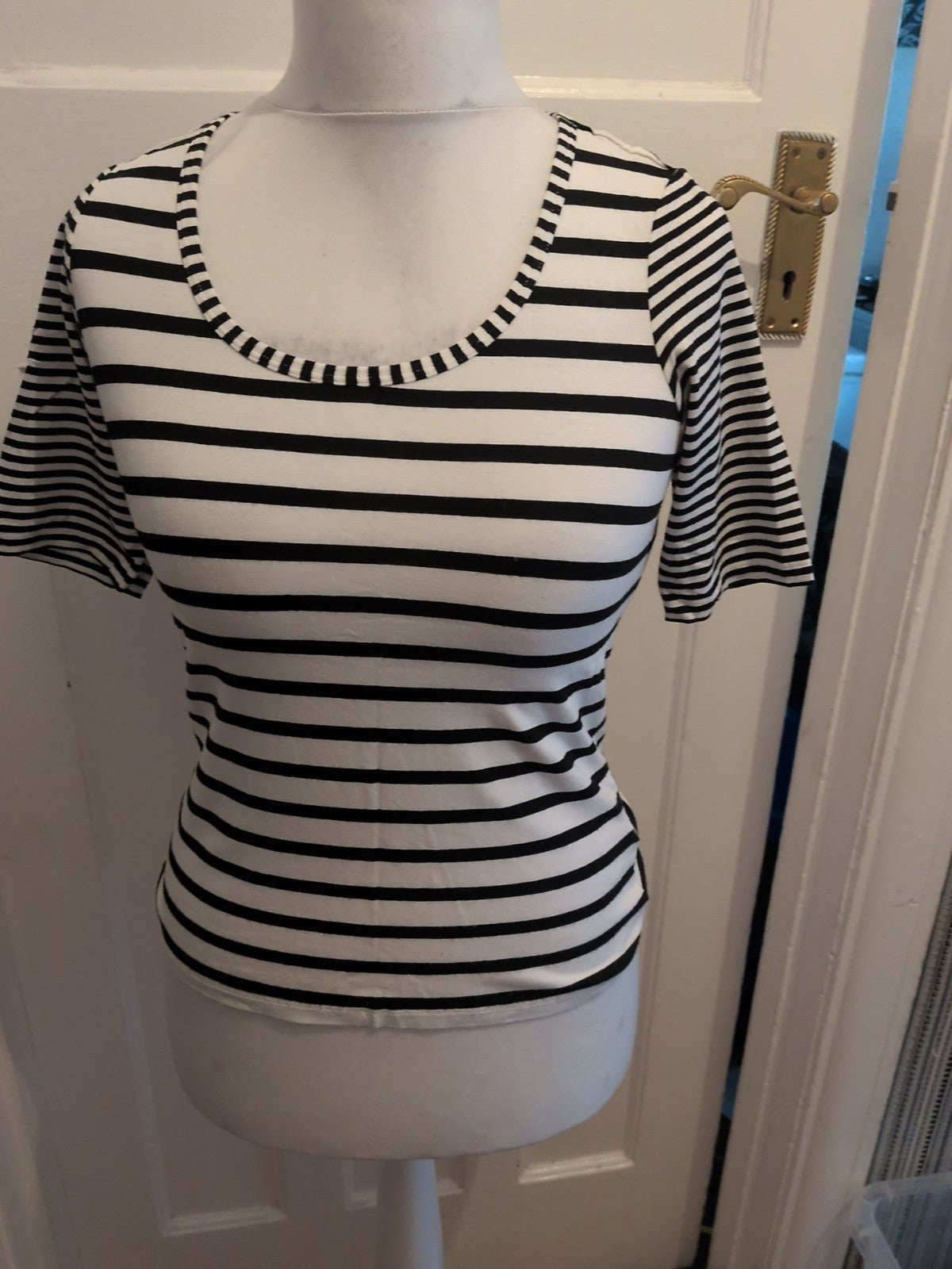 Madeline 10 Black And White Stripe Blouse Short Sleeve