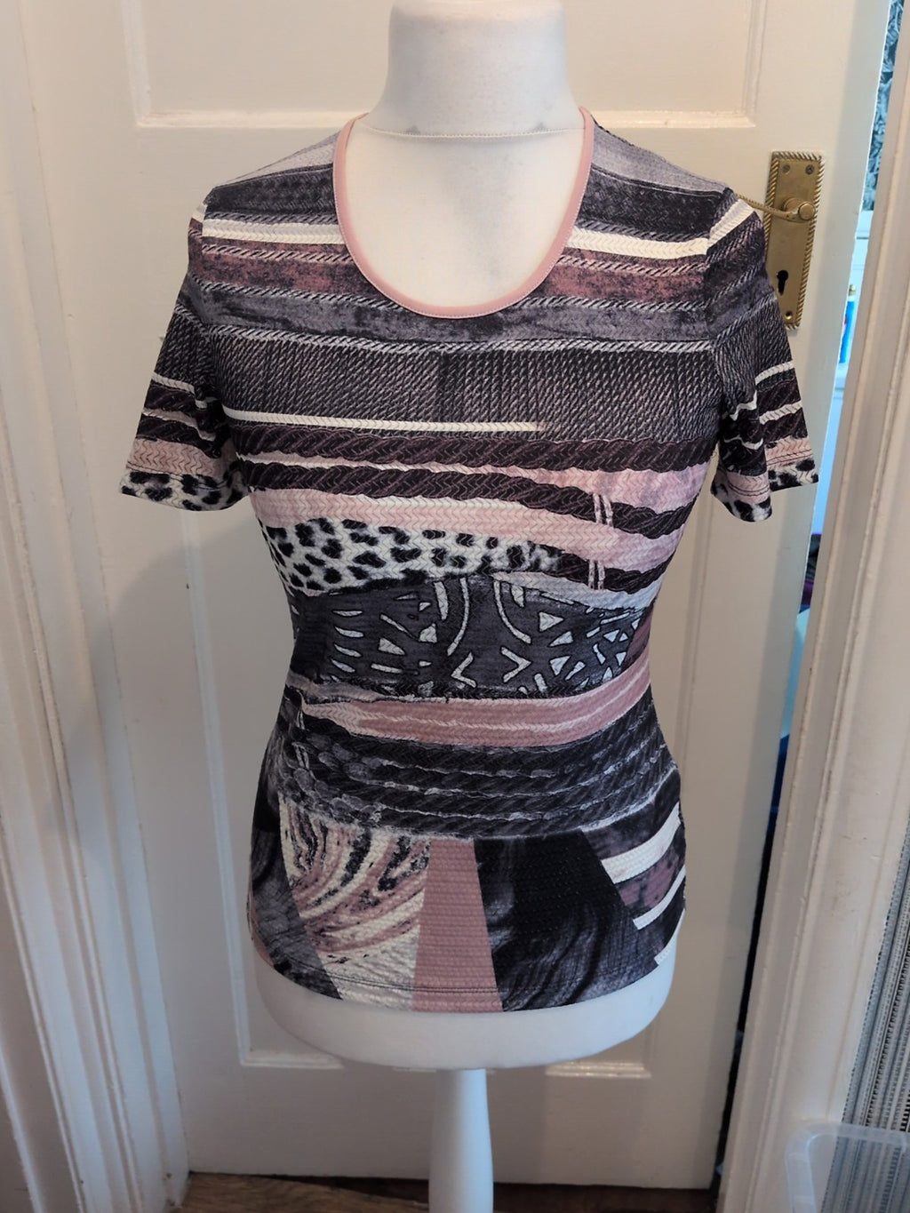 Gerry Weber 10 Grey Navy With Purple Short Sleeve T-shirt