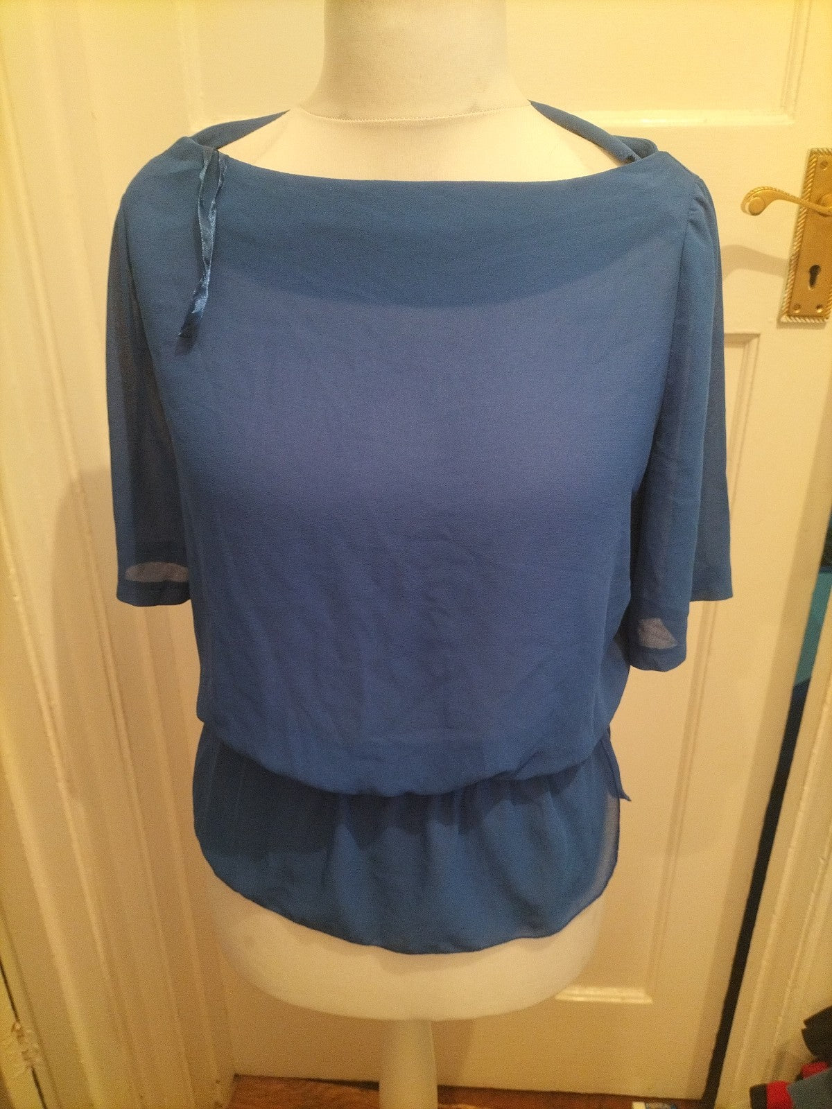 Papaya 10 Deep Blue Elasticated Hem Blouse Short Sleeve