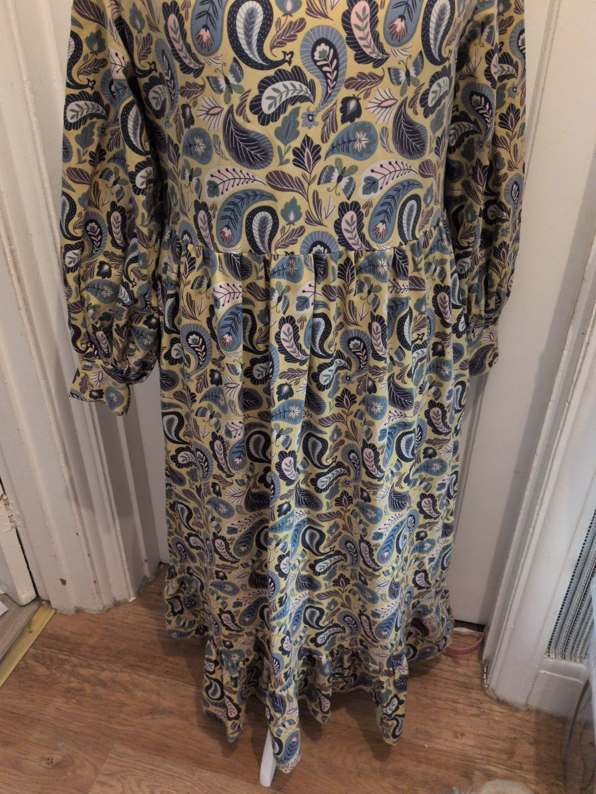 2xl(22-24) Yellow Leaf Patterned High Neck Long Sleeve Long Length Dress