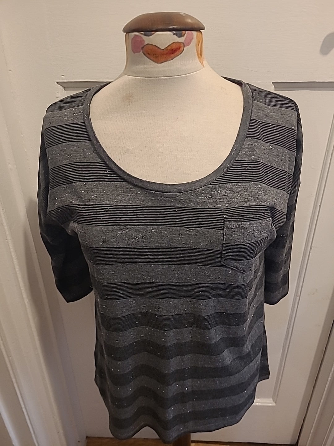 Ladies Papaya Leisure Size 8 Black And Grey Striped Mid Sleeved Tshirt