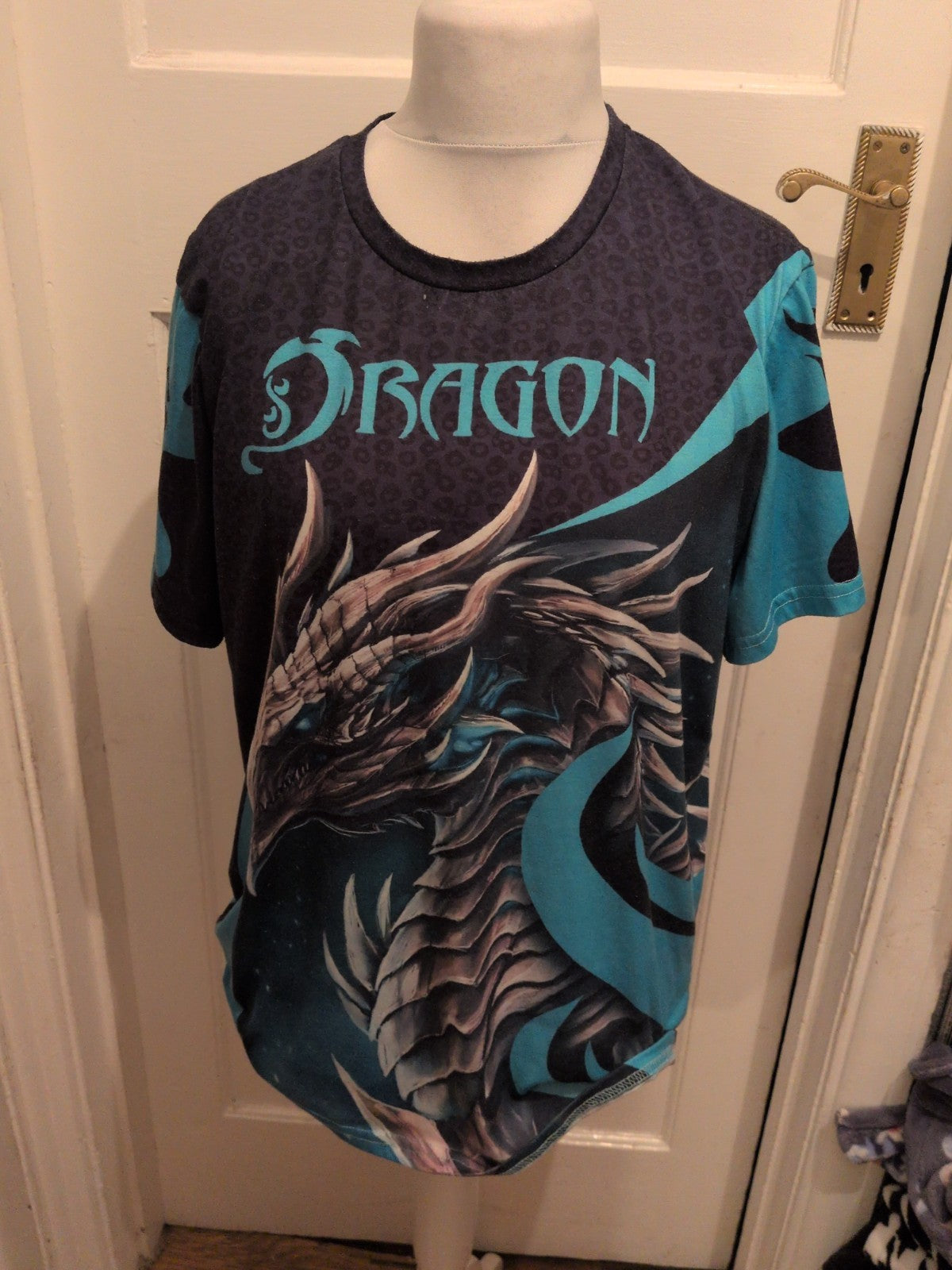 Mens 2xl Blue Dragon Printed Short Sleeve T-shirt