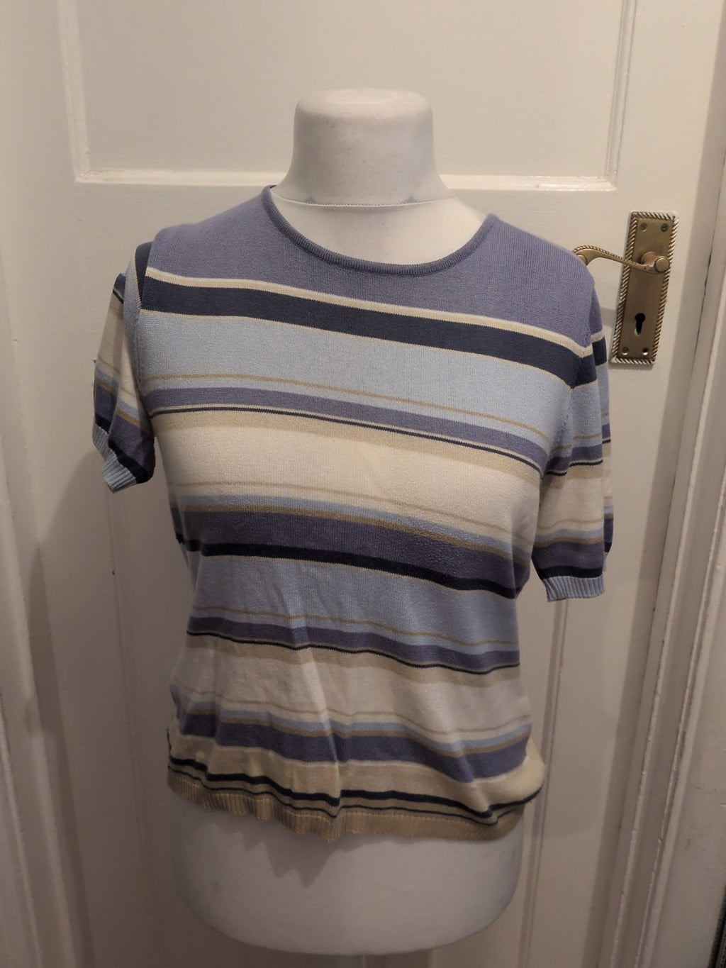 Jaeger 14 Blue White Brown Short Sleeve Blouse
