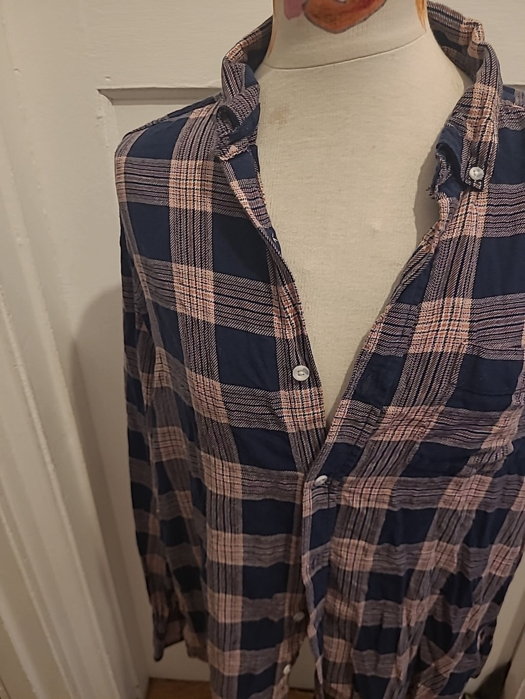 Mens George Size Large Pinky Red Navy Check Long Sleeved Shirt