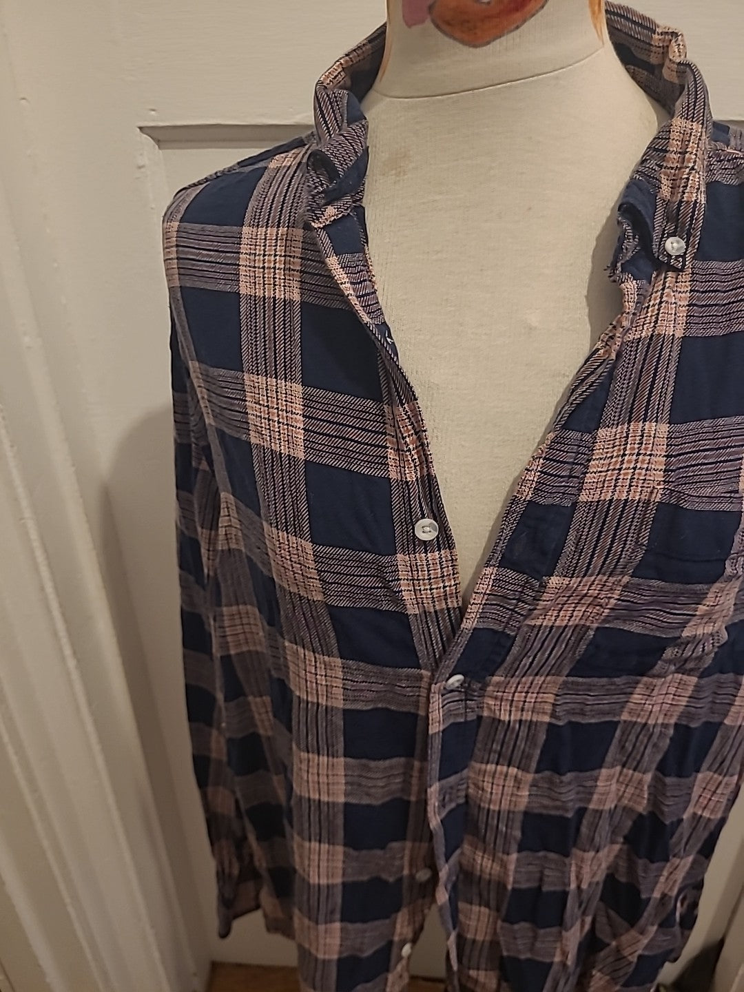 Mens George Size Large Pinky Red Navy Check Long Sleeved Shirt
