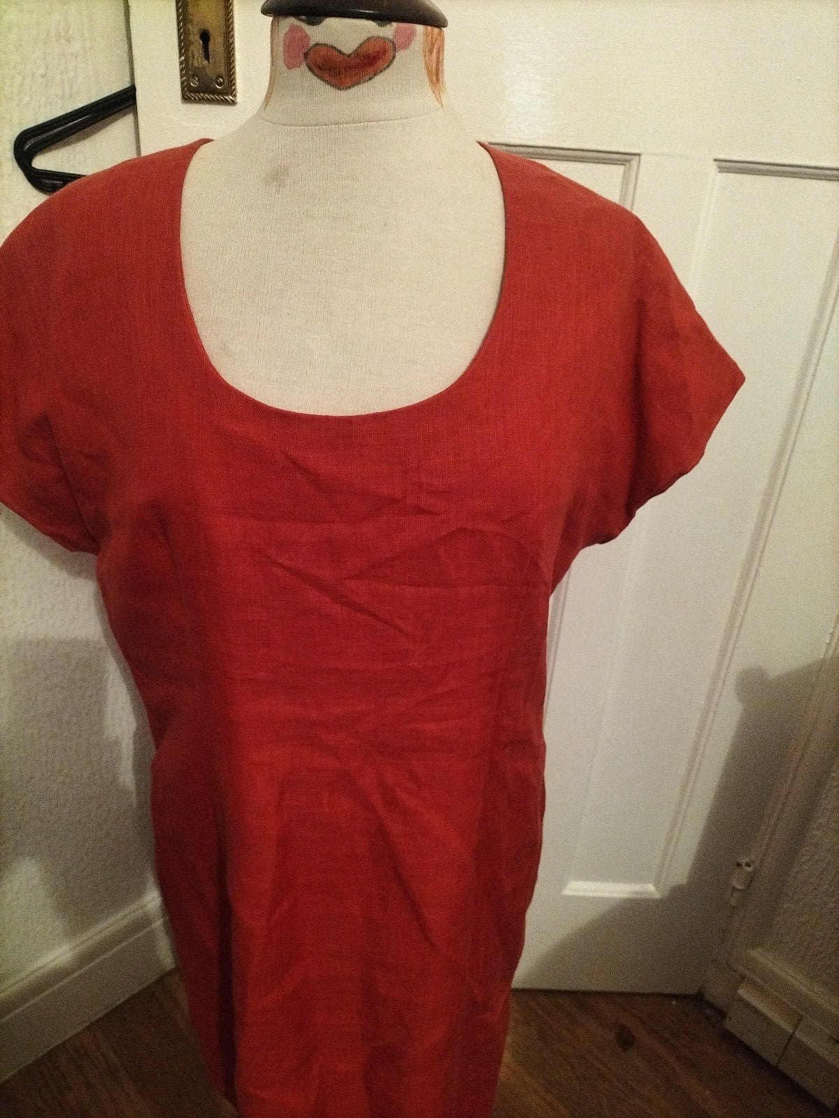Ladies Vintage Size Large Red Lined Scoop Neck Short Sleeved Dress