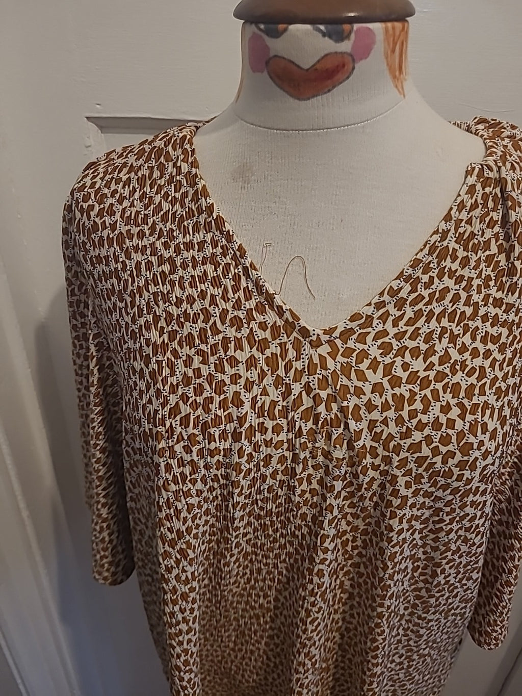 Ladies Next Size 14 Brown Cream Detailed Short Sleeved Blouse