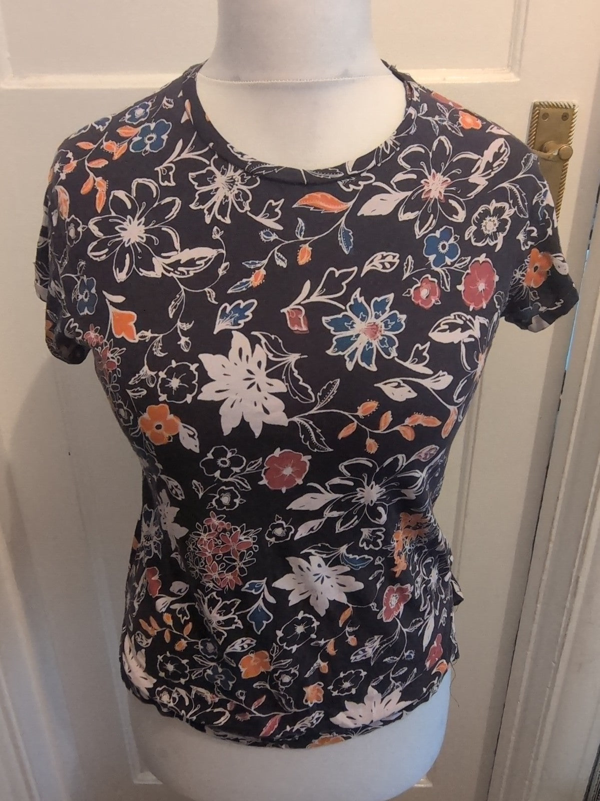 Stradivarius Medium Navy Floral Short Sleeve Blouse
