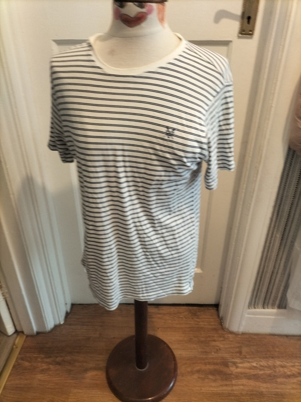 Ladies Crew Clothing Size Small Navy White Double Stripe Short Sleeved Tshirt