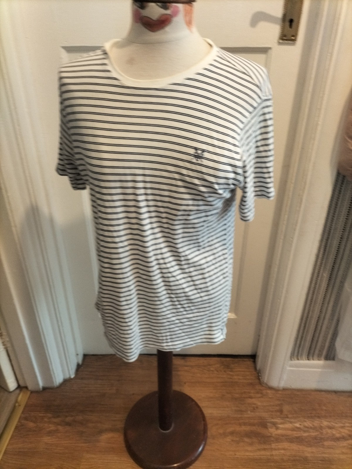 Ladies Crew Clothing Size Small Navy White Double Stripe Short Sleeved Tshirt