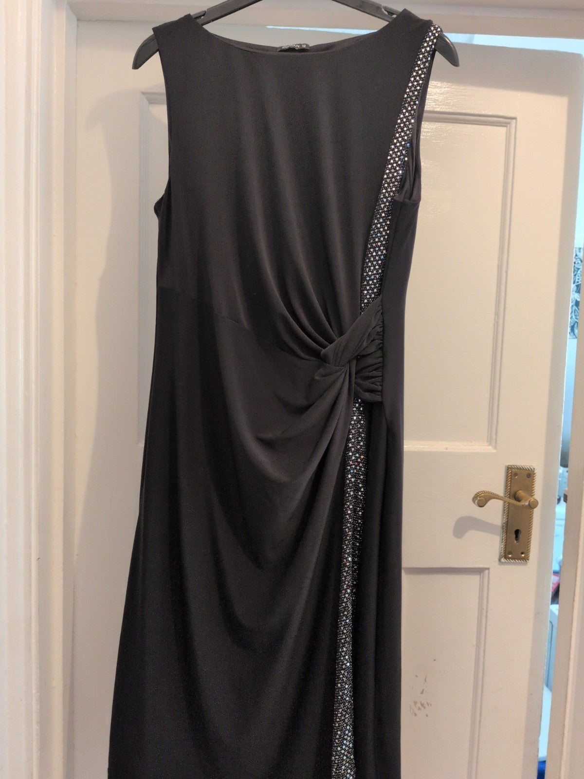 Ladies Roman Size 12 Black Lined With Silver Diamante Trim Sleeveless Dress