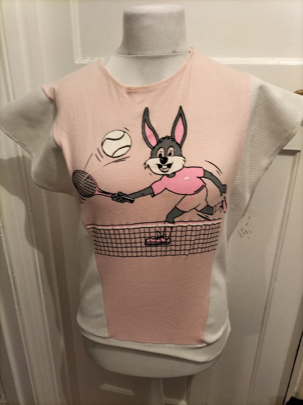 Ladies Size Small White Bunny Short Sleeve Top Has Marks On