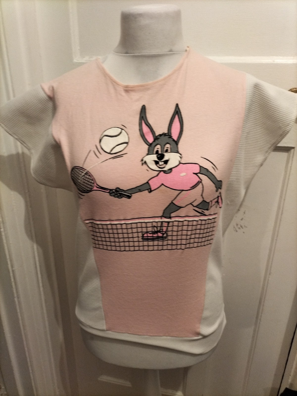 Ladies Size Small White Bunny Short Sleeve Top Has Marks On
