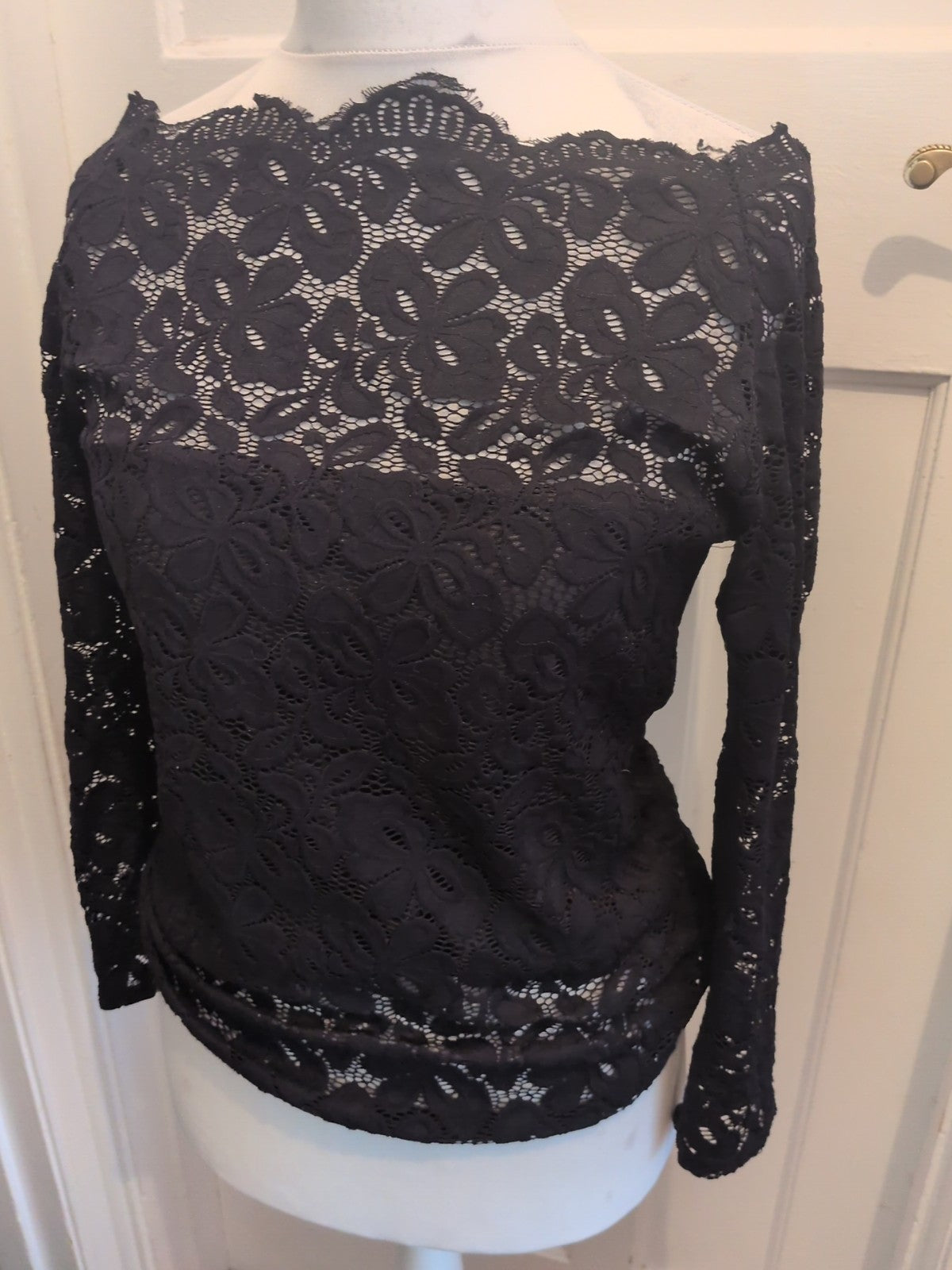 4XL Black Floral Lace Lined Long Sleeve Blouse