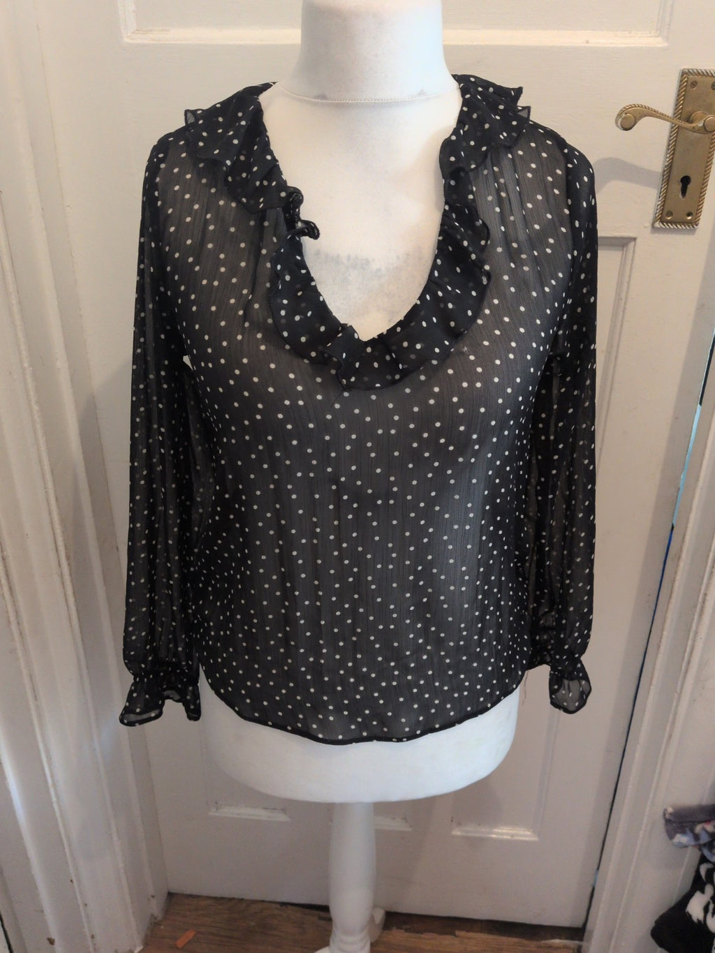 Primark 8 Black And White Spot Long Sleeve See Through Blouse
