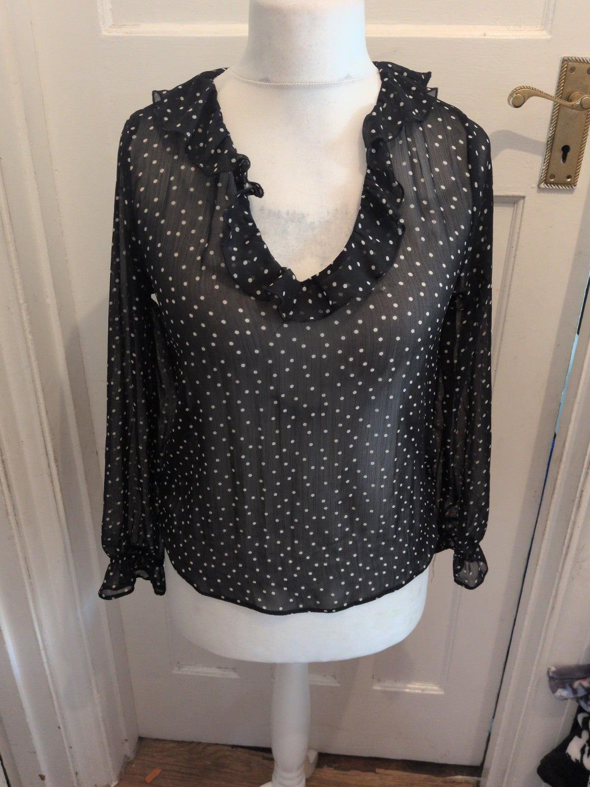 Primark 8 Black And White Spot Long Sleeve See Through Blouse