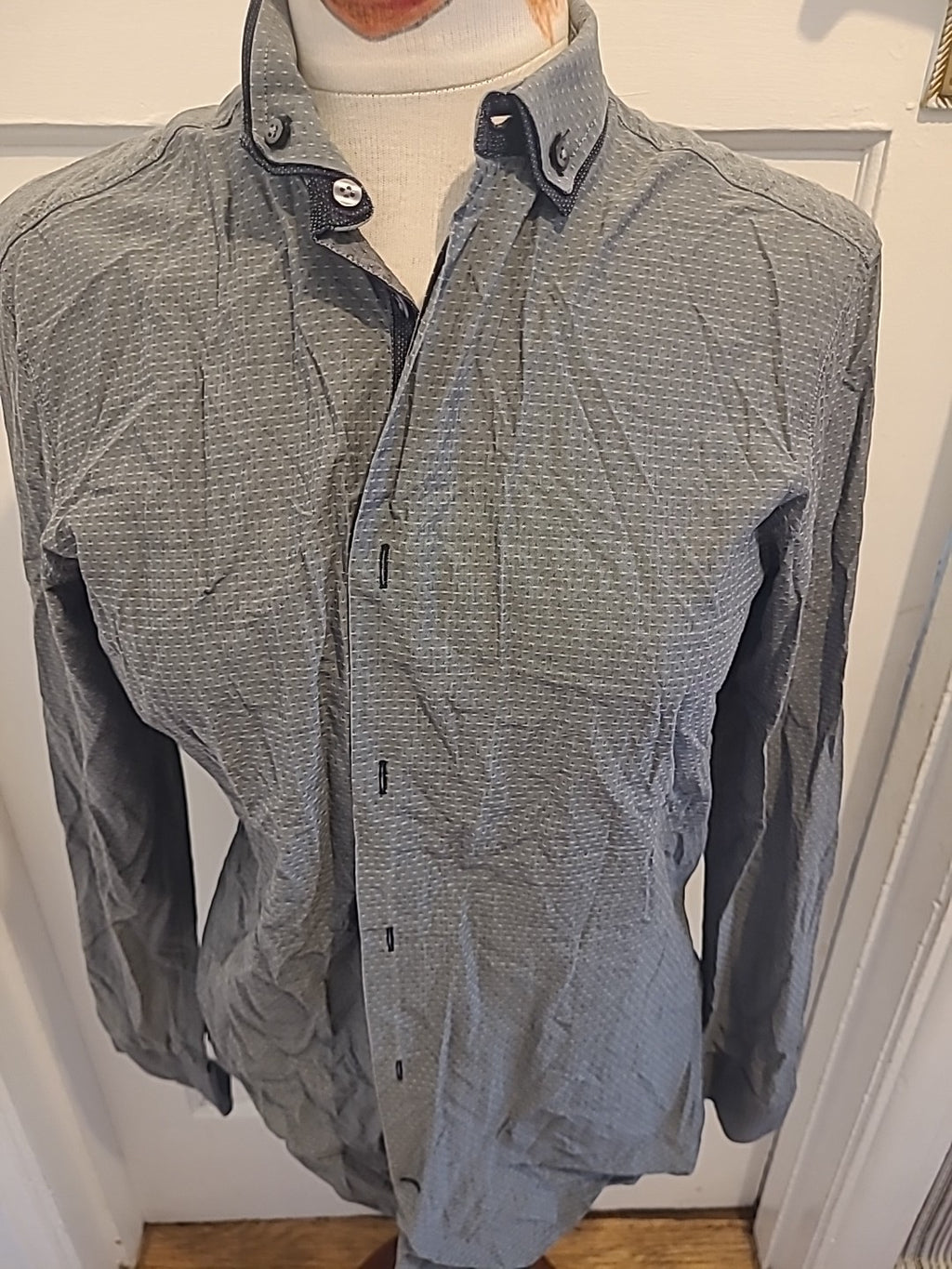 Mens Next Size 14.5" Grey With White Regular Fit Long Sleeved Shirt