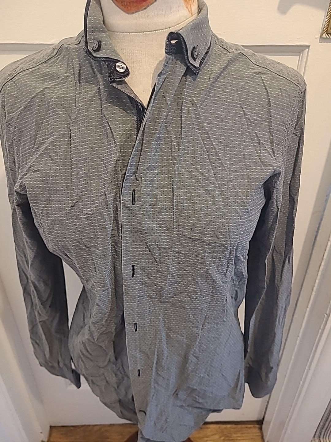 Mens Next Size 14.5" Grey With White Regular Fit Long Sleeved Shirt