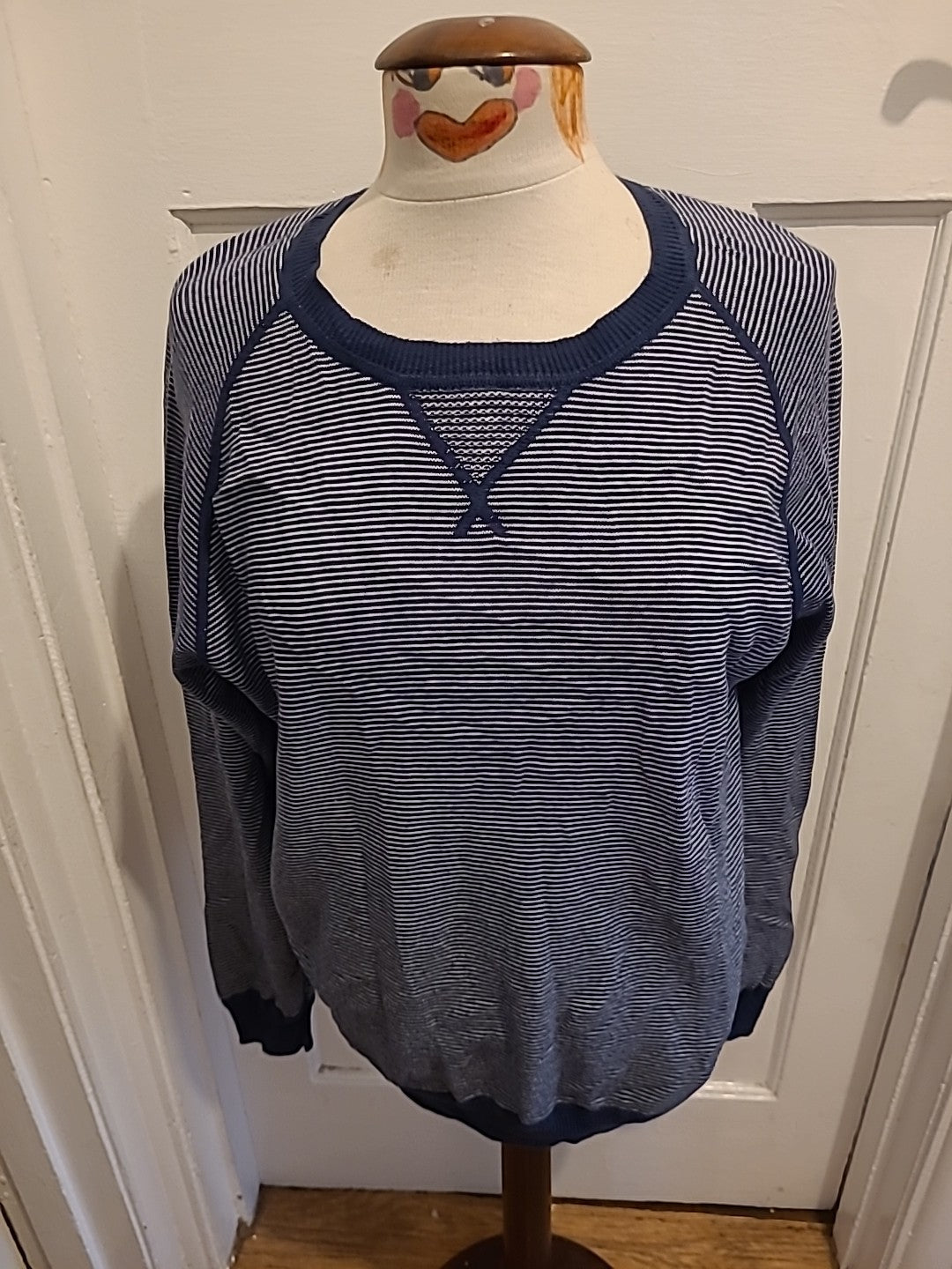 Mens Haworth Size Large Navy White Striped Long Sleeved Pullover Jumper