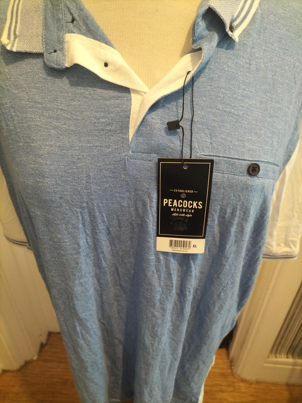 Brand New Mens Peacocks Size XL Blue White Short Sleeved Polo Shirt