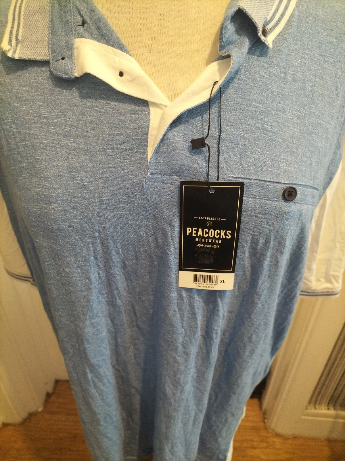 Brand New Mens Peacocks Size XL Blue White Short Sleeved Polo Shirt