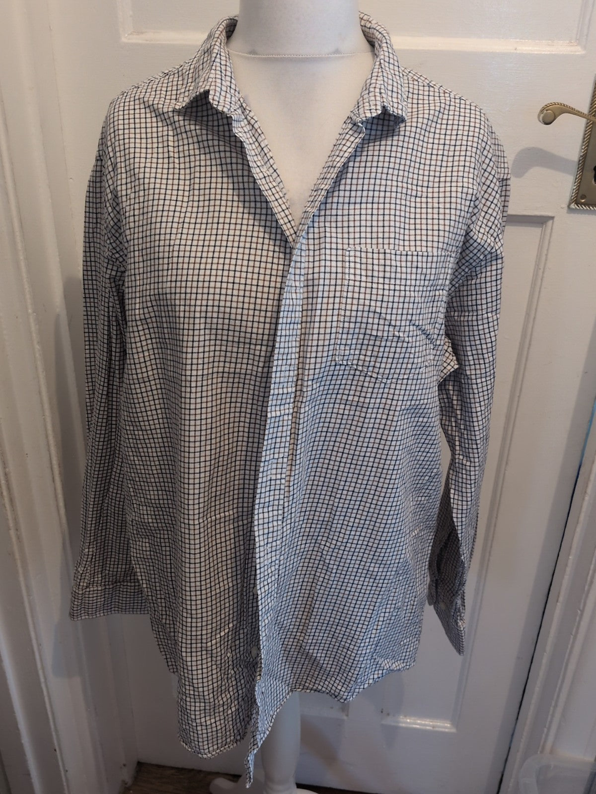 Tu XL White With Brown/Navy Check Long Sleeve Shirt
