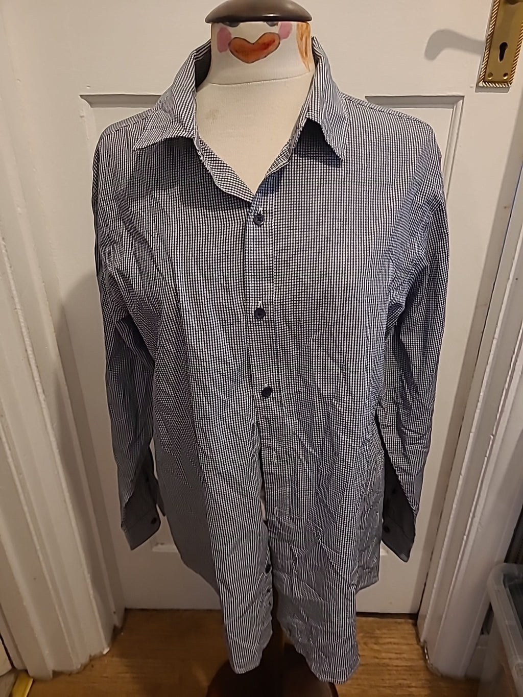 Mens George Size XL Navy White Tiny Check Shirt Long Sleeved