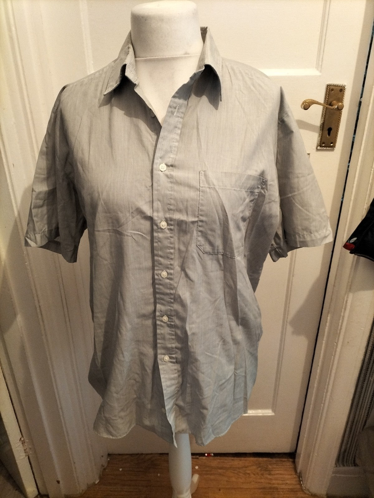Mens St Michael Size 16" Grey Fine Line Stripe Short Sleeved Shirt