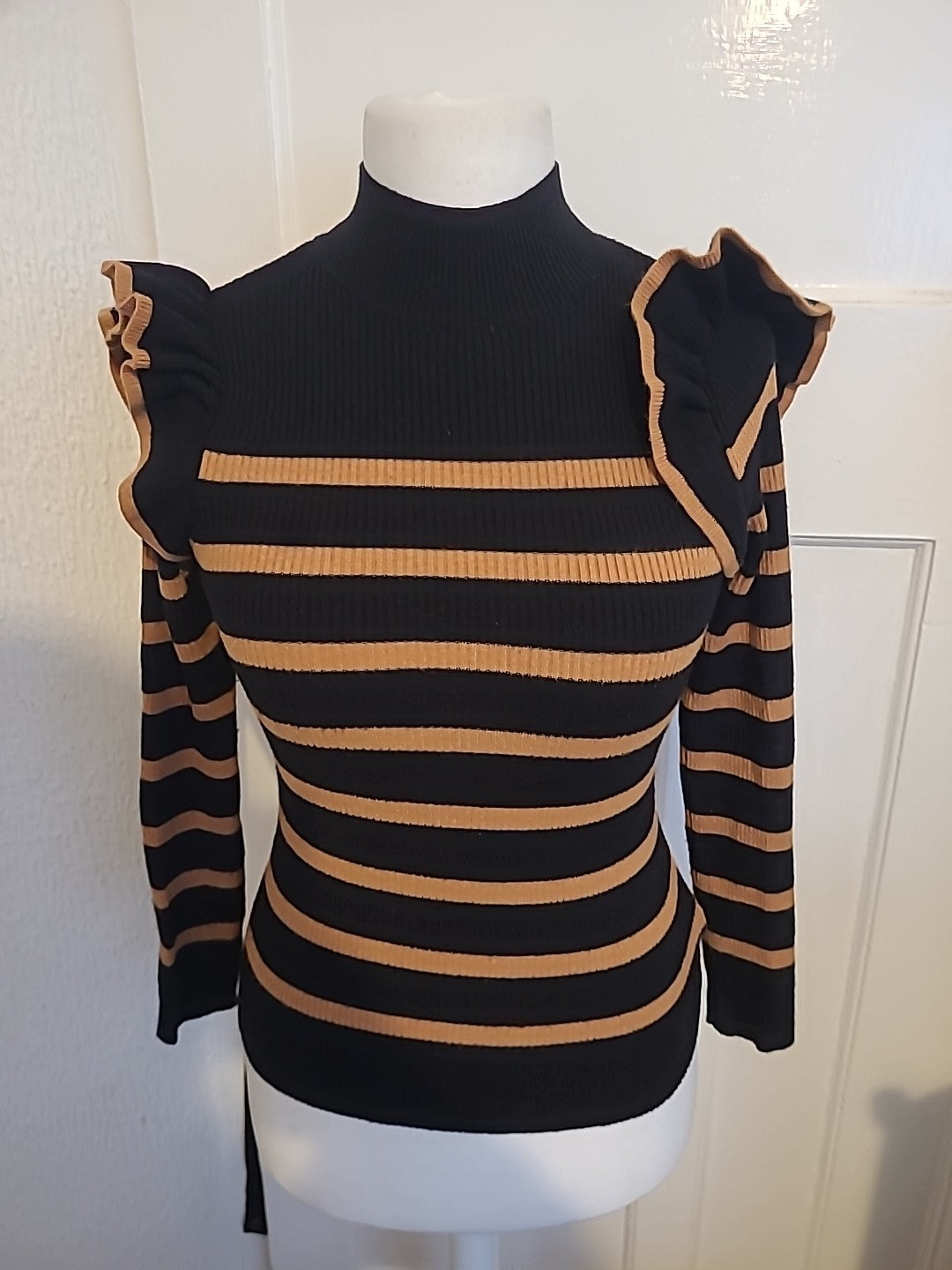 F&F Size 8 Black And Brown Striped Frill Shoulder Jumper
