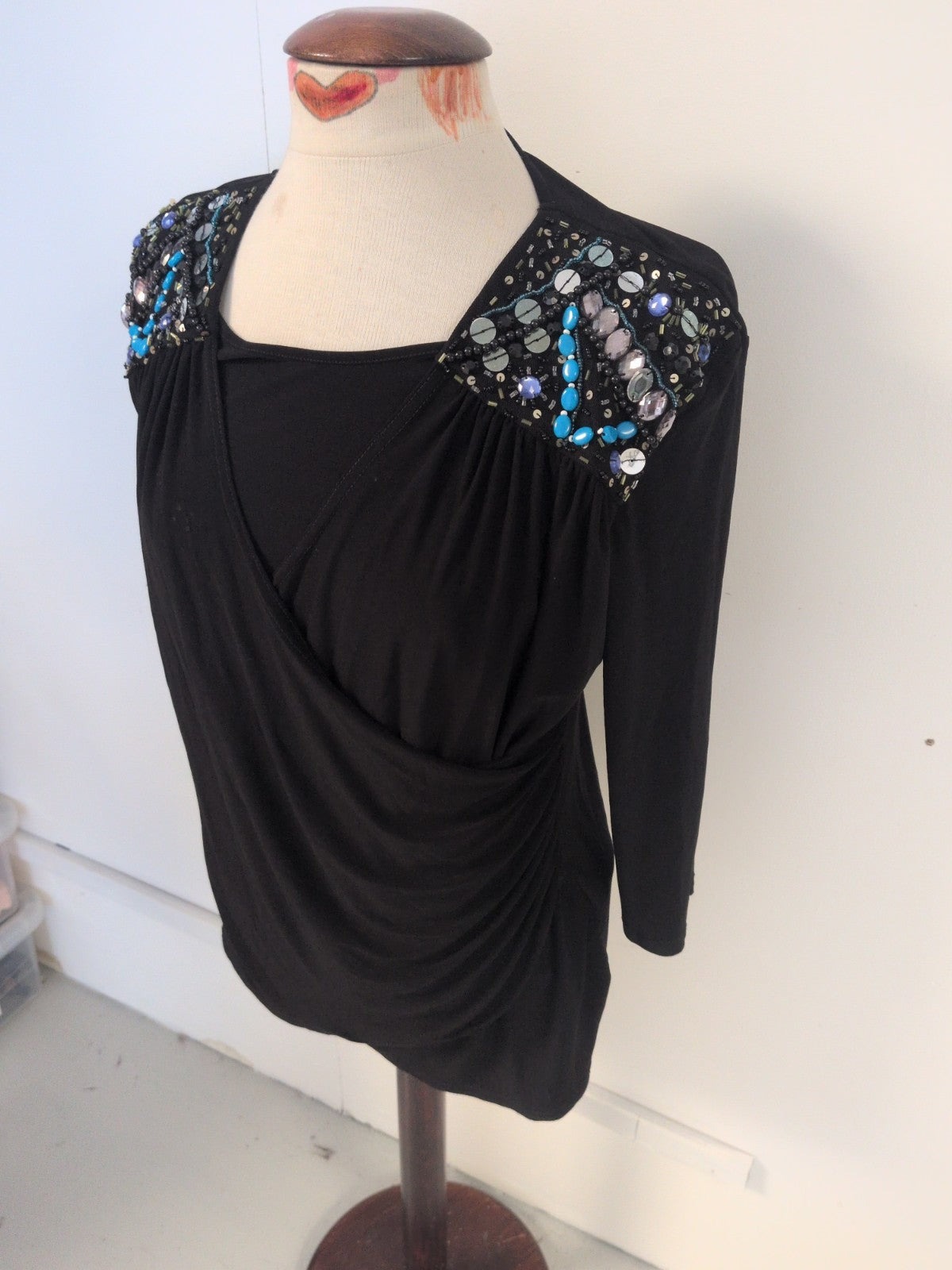 Anne Smith Medium Black Jewel Shoulder Half Sleeve Blouse