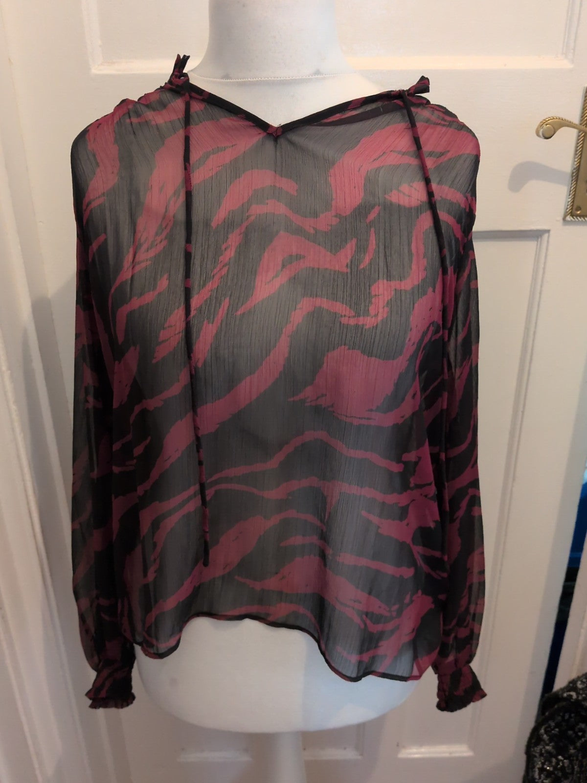 Ladies George Size 12 Black And Purple Sea Through Long Sleeve Blouse