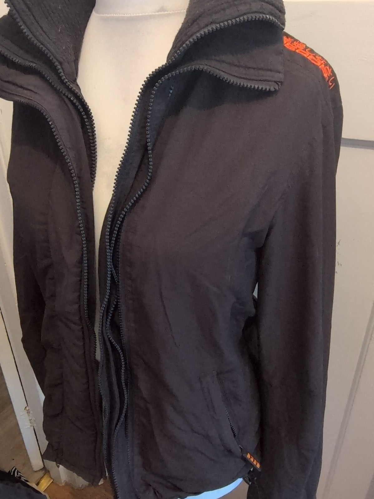Superdry Medium Double Black Label Full Zip Coat Mesh Lined Charcoal