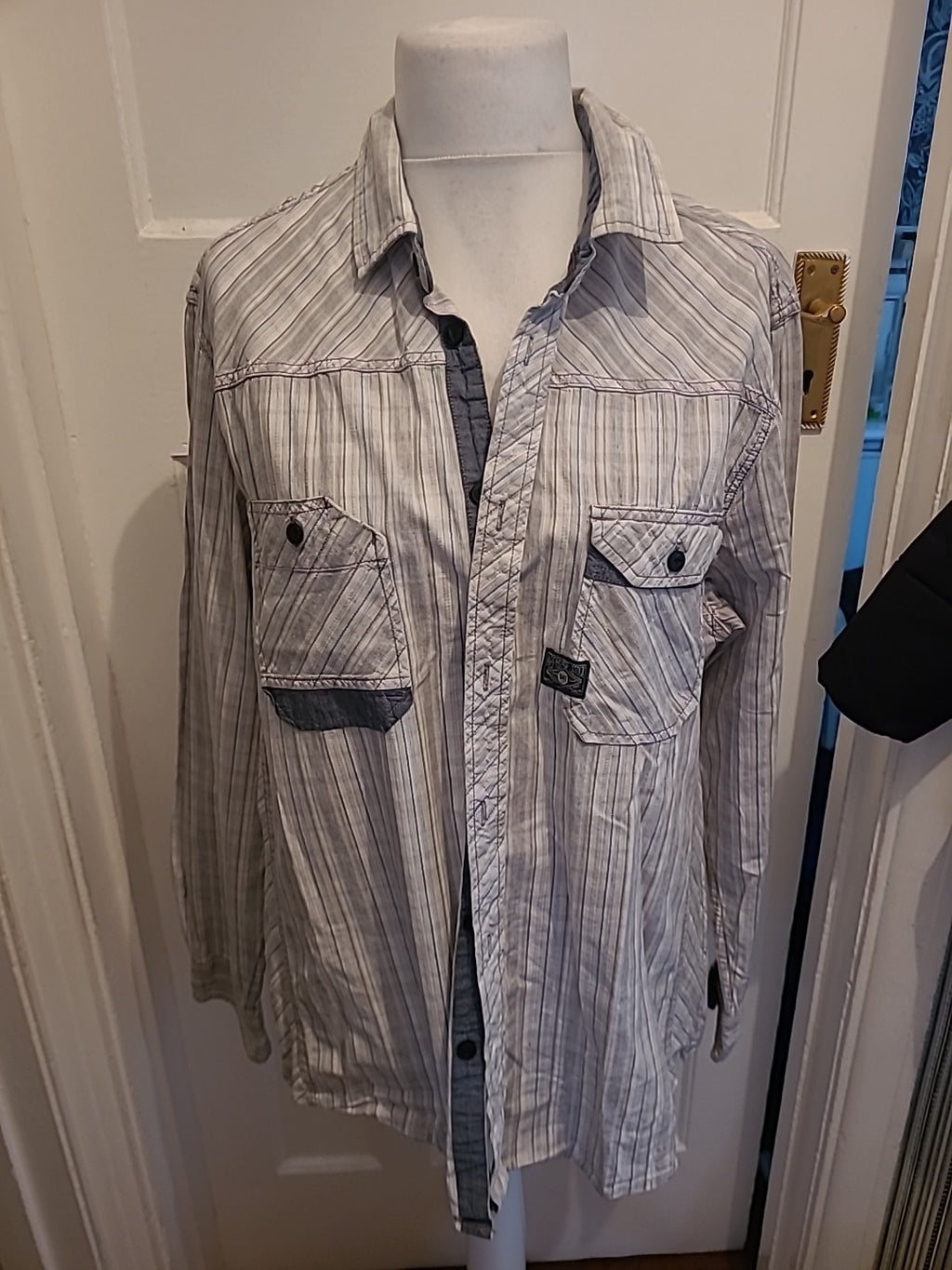 Mens George Size XL Grey/White And Blue Striped Short Sleeved Shirt