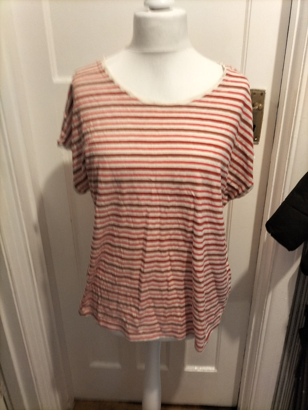 Ladies Next Size 16 Red Pink And White Striped Shrot Sleeved Blouse