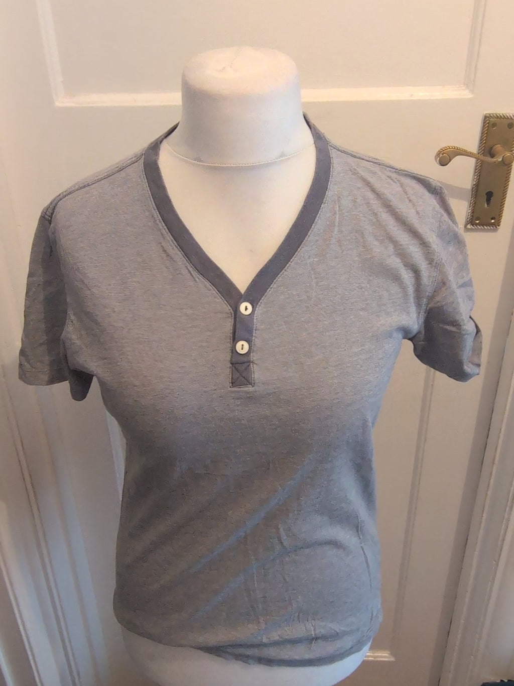 Next Medium Blue Stripe V Neck Laundered T-shirt