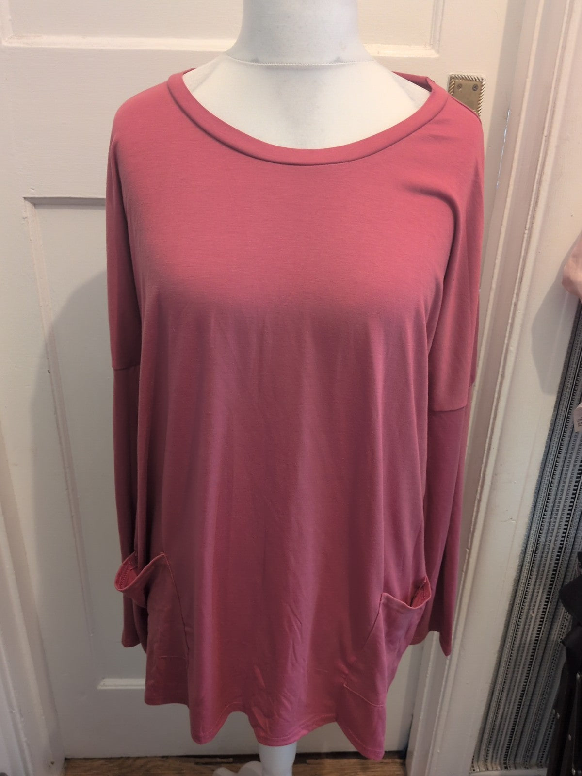 4XL Pink Long Sleeve Blouse With Pockets