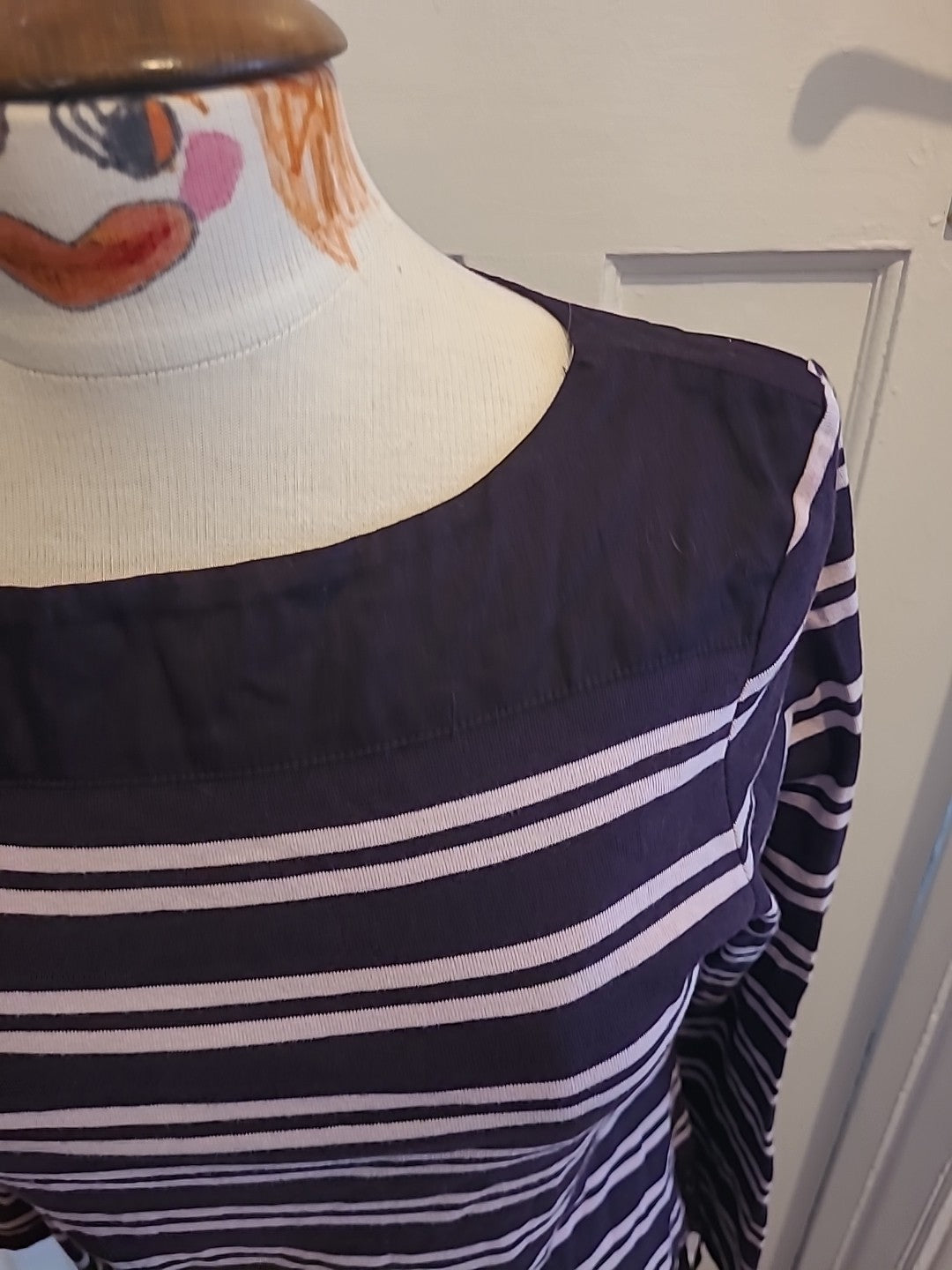 Ladies Laura Ashley Size Large Purple White Striped Long Sleeved Tshirt