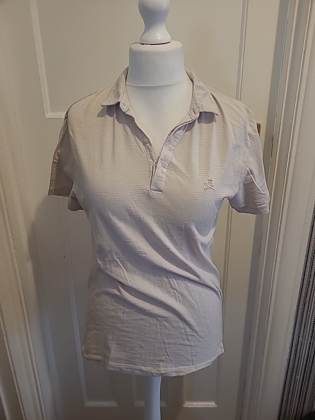 Mens Label Lab Size M Beige Faint Stripes Short Sleeved Polo