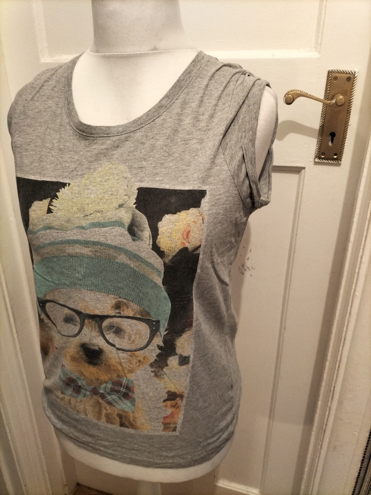Ladies New Look Size 12 Grey Print Dog Short Sleeved T-shirt