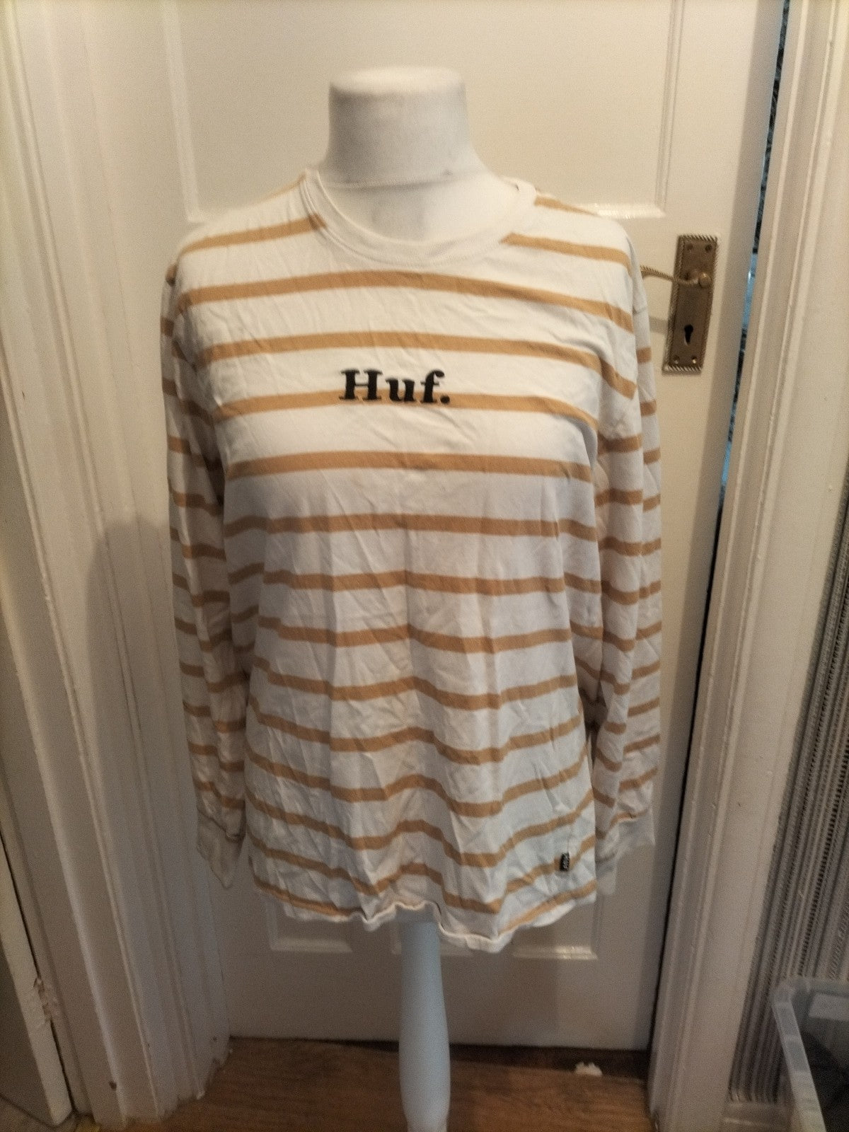 Ladies Huf Size XL Brown And White Striped Tshirt Long Sleeve
